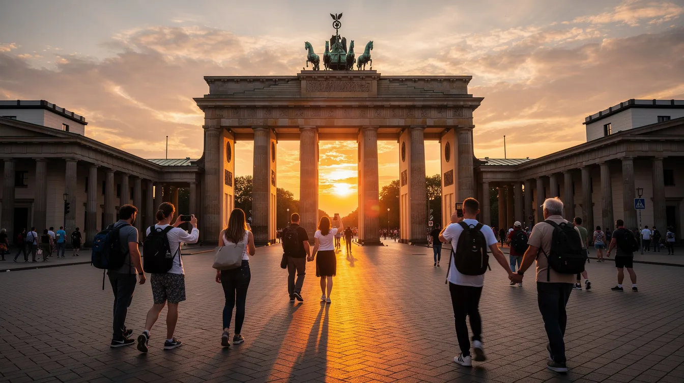 The image captures the iconic Brandenburg Gate in Berlin at sunset, with visitors strolling nearby, creating a lively atmosphere in the heart of Germany's capital. The warm hues of the sunset enhance the historical significance of this landmark, making it a popular destination for both tourists and private jet travelers.