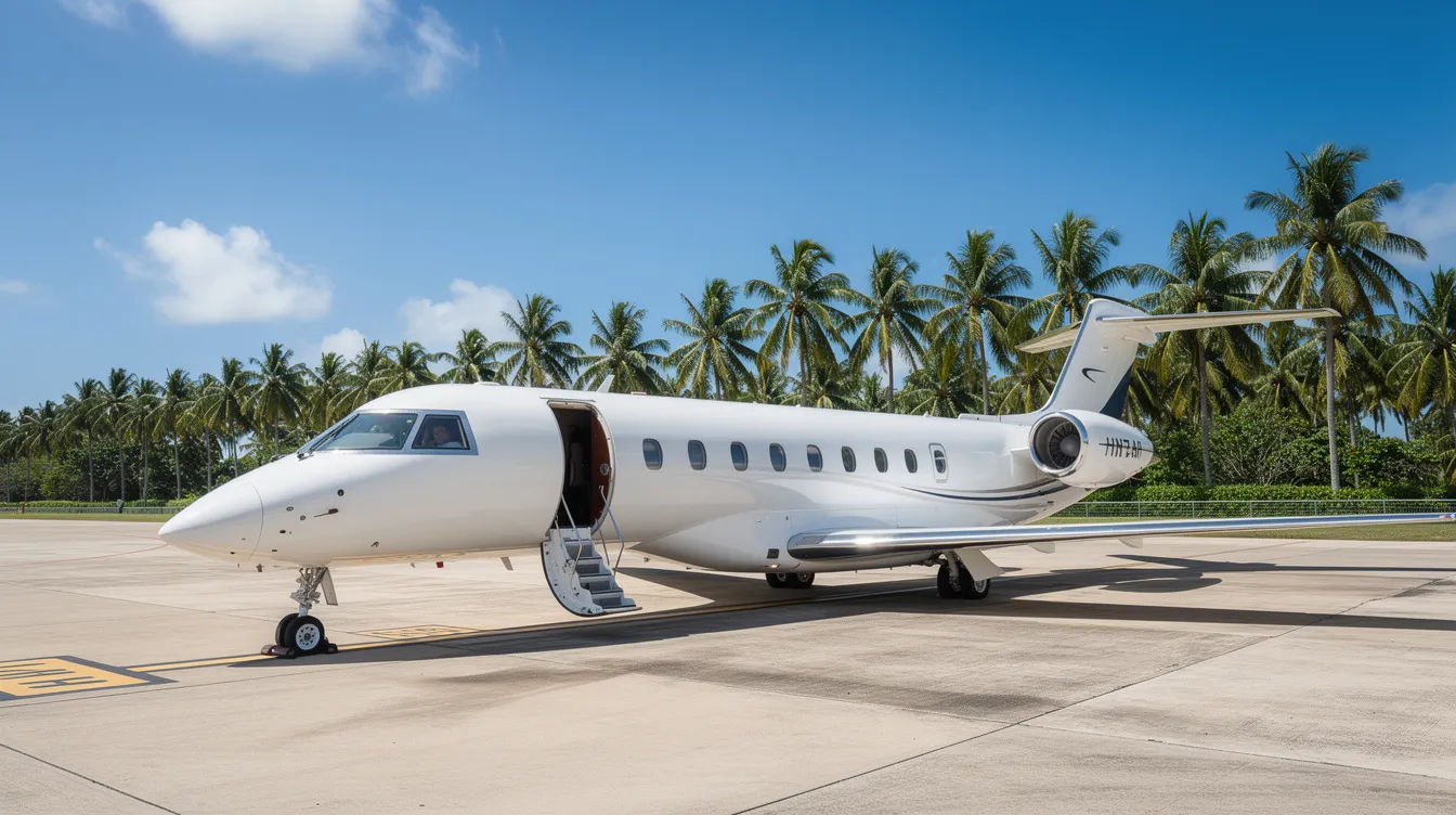 A private jet is parked on a tarmac surrounded by lush tropical palm trees, with a clear blue sky in the background, symbolizing the luxurious experience of private jet travel to Hawaii. This scene captures the essence of exclusive charter flights, offering travelers a glimpse of their upcoming adventure to the Hawaiian islands.