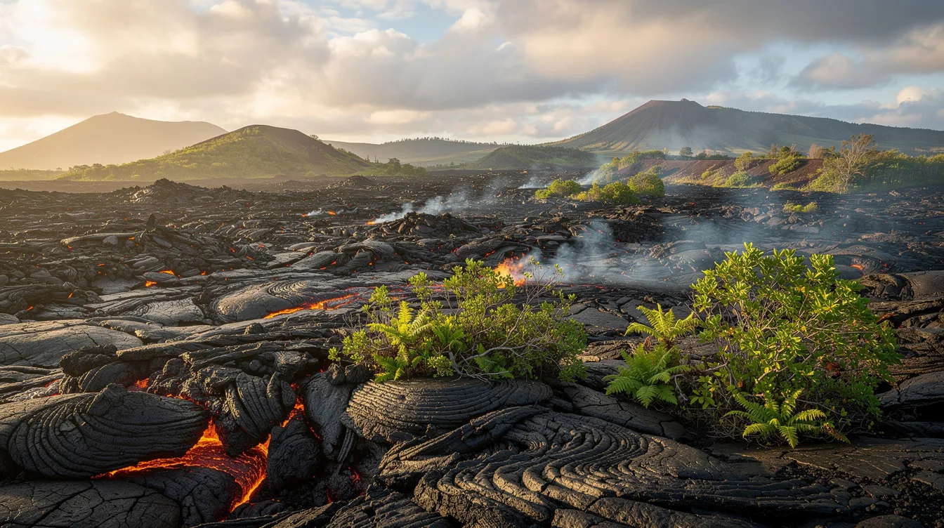 The image depicts a stunning volcanic landscape on the Big Island of Hawaii, showcasing expansive lava fields interspersed with lush green vegetation. This vibrant scenery is part of the Hawaii Volcanoes National Park, offering a breathtaking view of the island's unique geological features.