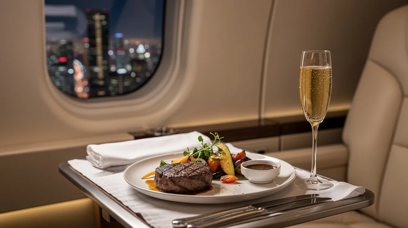 A gourmet meal is elegantly plated on a private jet's tray table, accompanied by a sparkling champagne glass, with a stunning city view of Hong Kong visible through the window. This luxurious setting highlights the comfort and exclusivity of private jet travel, perfect for discerning travelers.