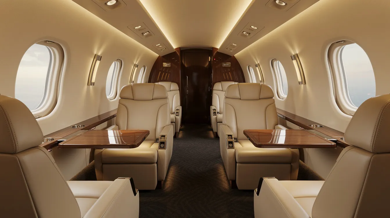 The image depicts the luxurious interior of an ultra-long-range private jet cabin, featuring lie-flat seating and warm ambient lighting, ideal for private jet travelers heading to destinations like Hong Kong. The elegant design provides a comfortable and exclusive travel experience, perfect for those seeking private jet charter services.