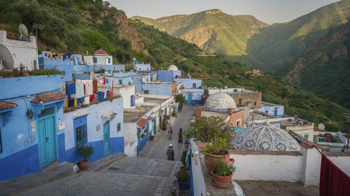 This image showcases a picturesque blue-washed Moroccan town nestled among lush green mountains, featuring narrow streets and charming rooftops that create a sense of community. The vibrant colors and unique architecture reflect the town's cultural heritage, making it a visually stunning destination.
