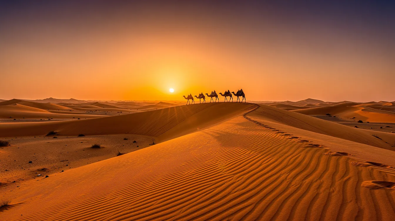 The image captures the golden sand dunes of the Sahara Desert at sunset, with dark silhouettes of camels standing majestically on the ridge, evoking a sense of tranquility and the beauty of nature. This scene reflects the luxury and adventure associated with private travel experiences in exotic locations.