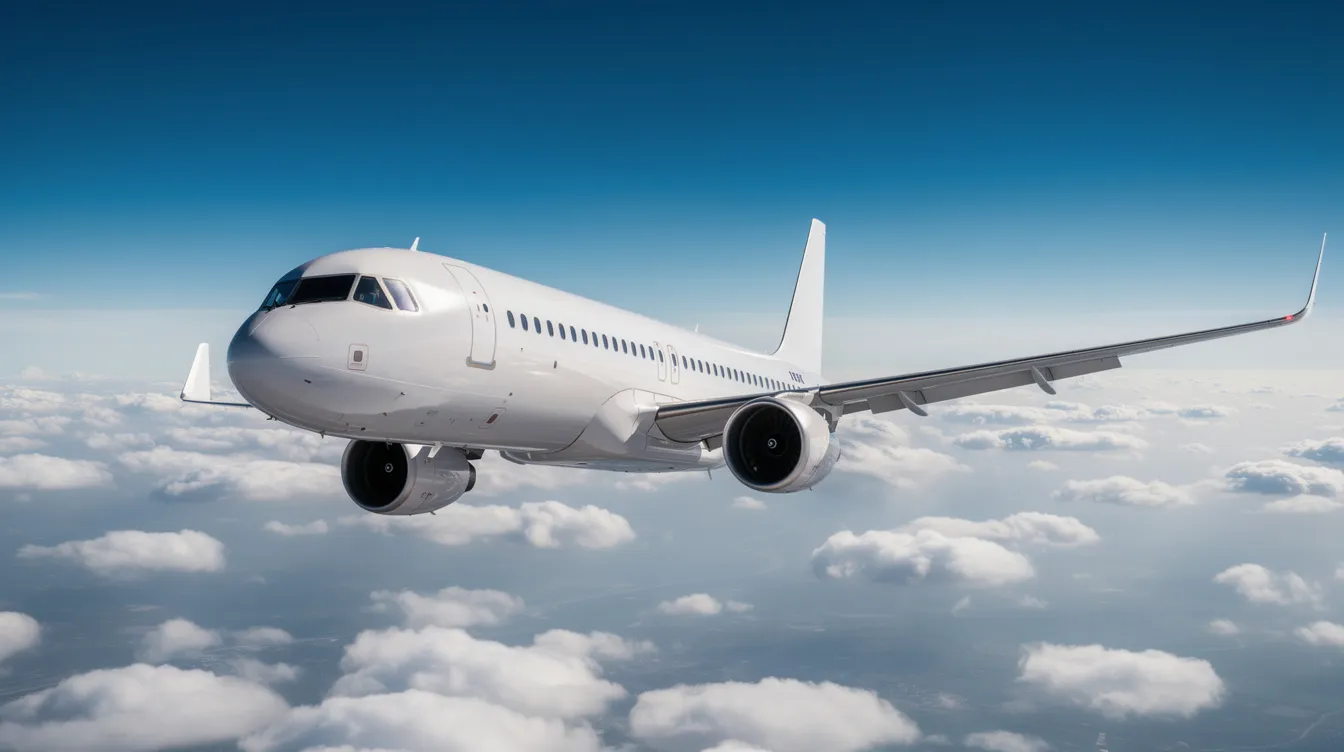 A sleek, modern narrow-body aircraft is flying high above a blanket of fluffy white clouds under a clear blue sky, symbolizing the freedom of travel and the excitement of life's journey. This image captures the essence of aviation, inviting travelers to connect with the world and embark on new adventures.