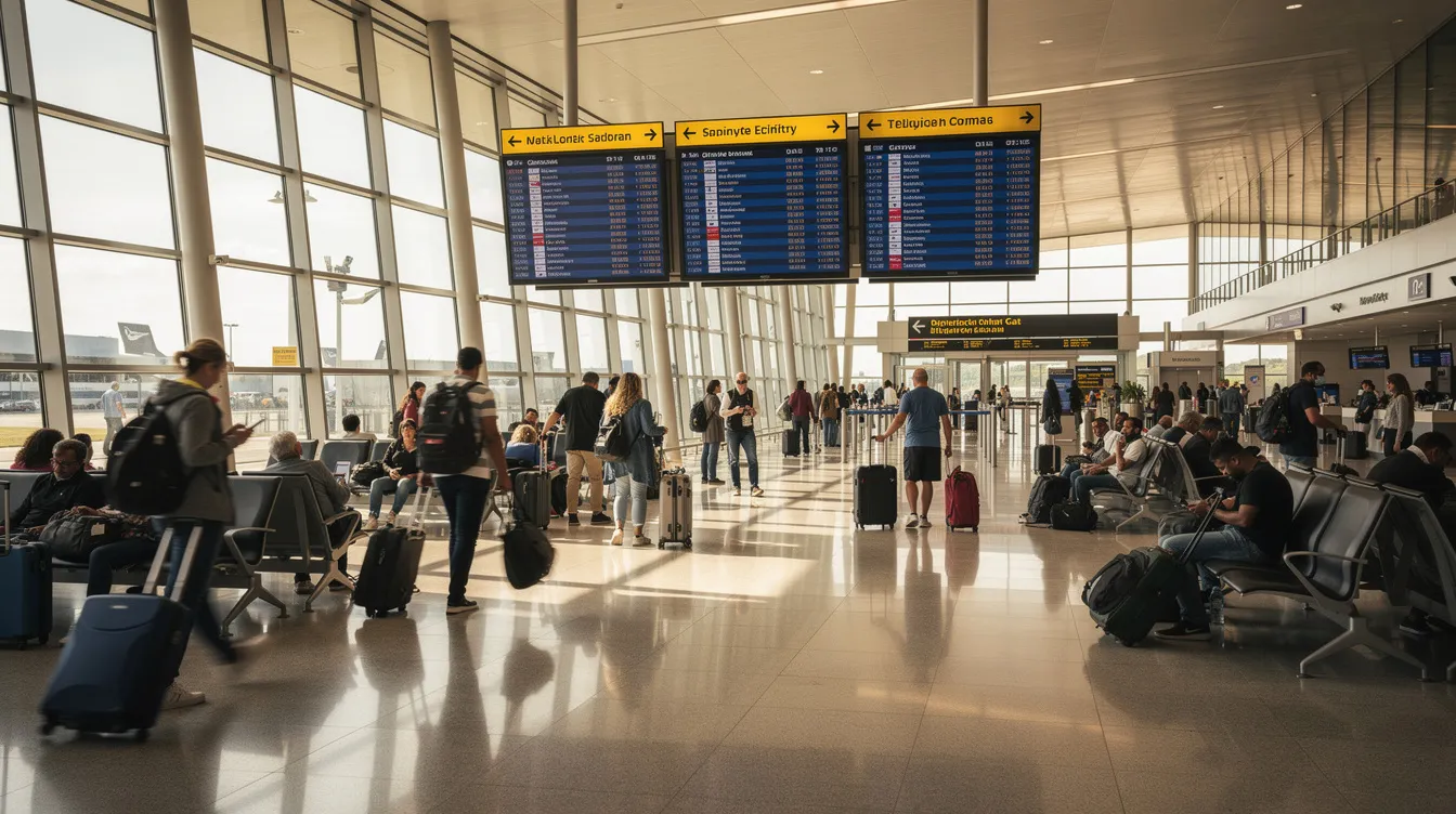 The image depicts a busy airport terminal concourse filled with travelers navigating between gates, each carrying their luggage as they embark on life's journey. The scene highlights the hustle and bustle of flying, with people checking their bags and waiting to board their flights.