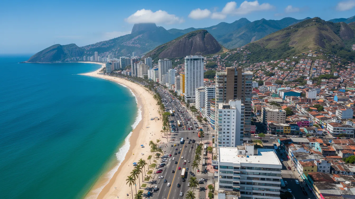 An aerial view showcases a vibrant South American coastal city, featuring tall buildings that rise against a backdrop of majestic mountains. This bustling urban landscape highlights the connectivity of international flights, making it a prime destination for travelers looking to explore South America.