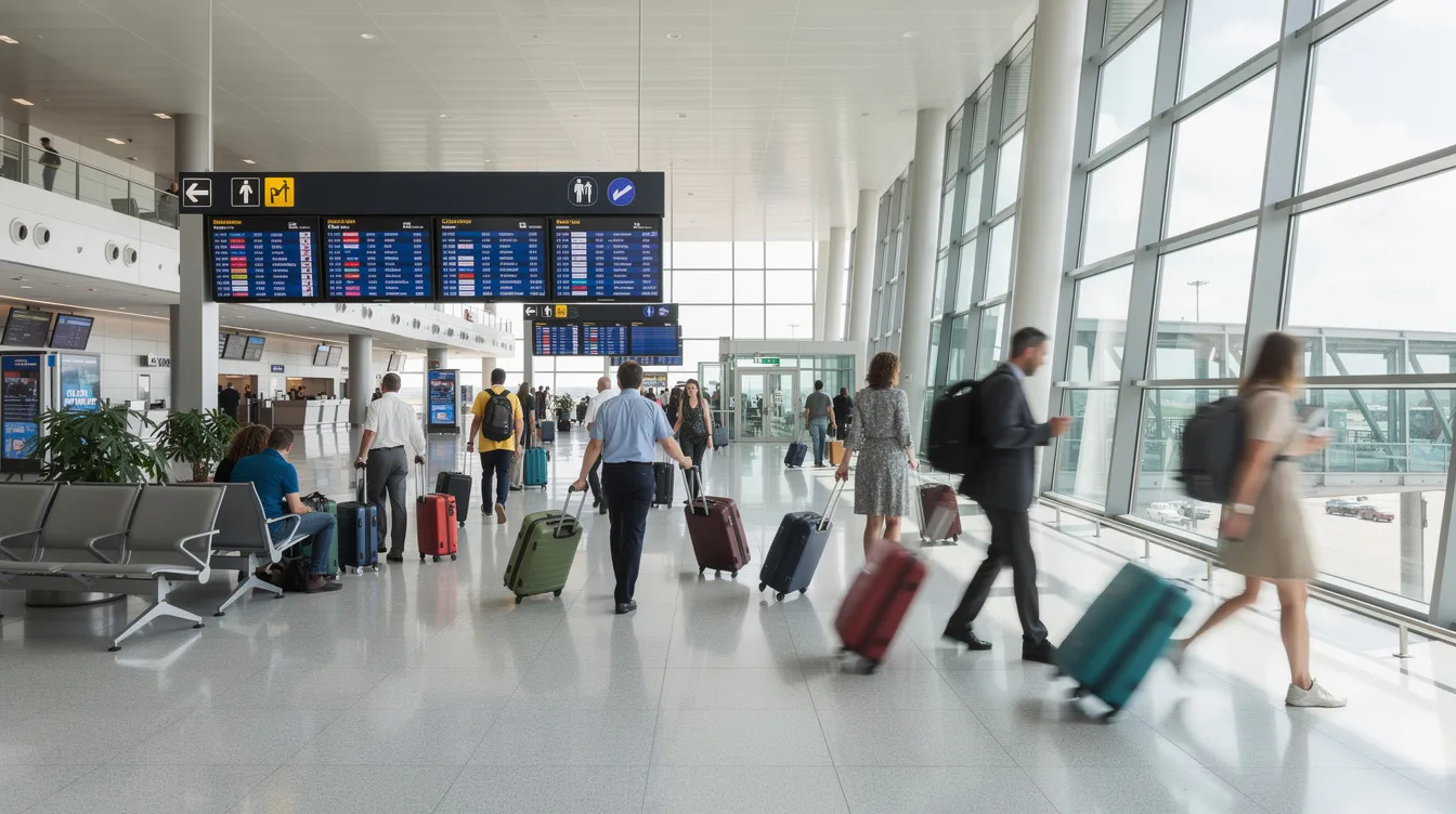 A busy airport terminal showcases travelers navigating through a modern departure hall, each pulling suitcases and checking their boarding passes for international flights. The atmosphere is filled with anticipation as passengers prepare for their next flight, with signs for various airlines, including American Airlines and JetSmart, prominently displayed.