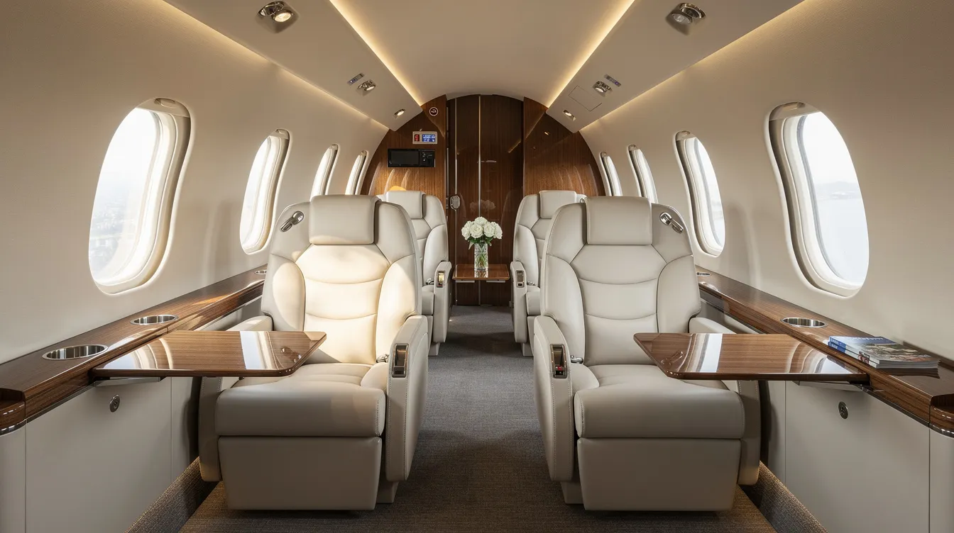 The image depicts the interior of a luxurious private jet cabin, featuring plush leather seats and ample natural light streaming through oval windows, creating an inviting atmosphere for passengers. This elegant setting is ideal for a comfortable jetsmart flight experience, enhancing the journey for travelers heading to destinations like Buenos Aires or Rio de Janeiro.
