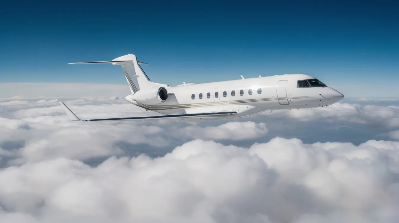 A sleek private jet soars above fluffy white clouds against a backdrop of a clear blue sky, symbolizing luxury travel and the convenience of booking flights through online travel agencies. This image captures the essence of effortless journeys, inviting viewers to explore competitive prices and exclusive deals for their next vacation.