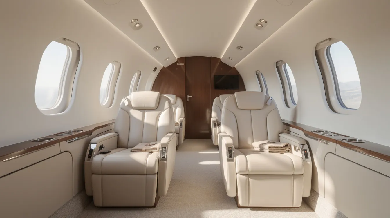 The image depicts the interior of a modern midsize private jet cabin, featuring luxurious leather seats arranged for comfort and ample natural light streaming through large windows. This elegant setting is perfect for travelers seeking a premium experience in the sky, emphasizing the importance of comparing prices for the best flight deals through online travel agencies.
