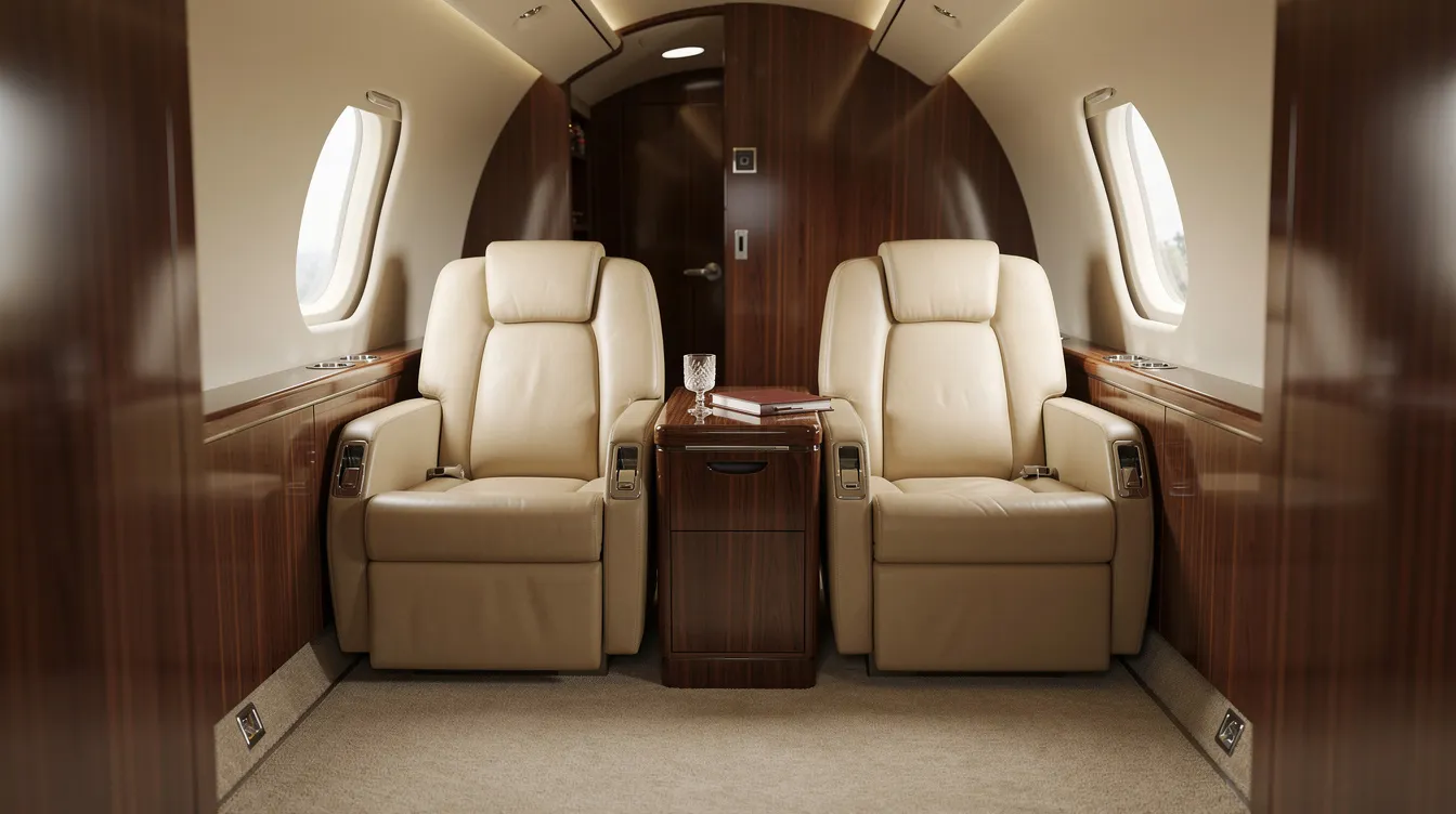 The image depicts the interior of a private jet cabin, featuring cream leather club seats arranged to face each other, complemented by a small side table, creating a comfortable and elegant environment typical of the Westwind II business aircraft. This setting is designed for passengers to relax and socialize during their flight.