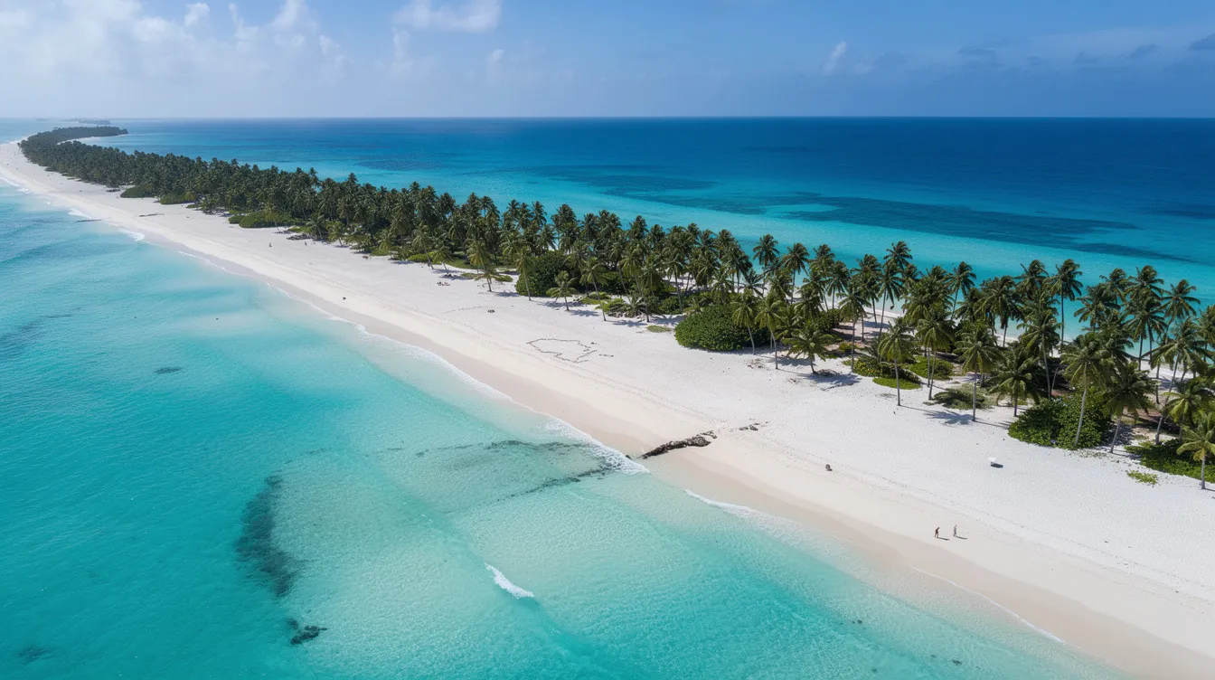 An aerial view captures a stunning tropical Caribbean beach with pristine white sand and vibrant turquoise waters, bordered by swaying palm trees. This picturesque scene, reminiscent of Nassau in the Bahamas, evokes a sense of relaxation and tropical paradise.