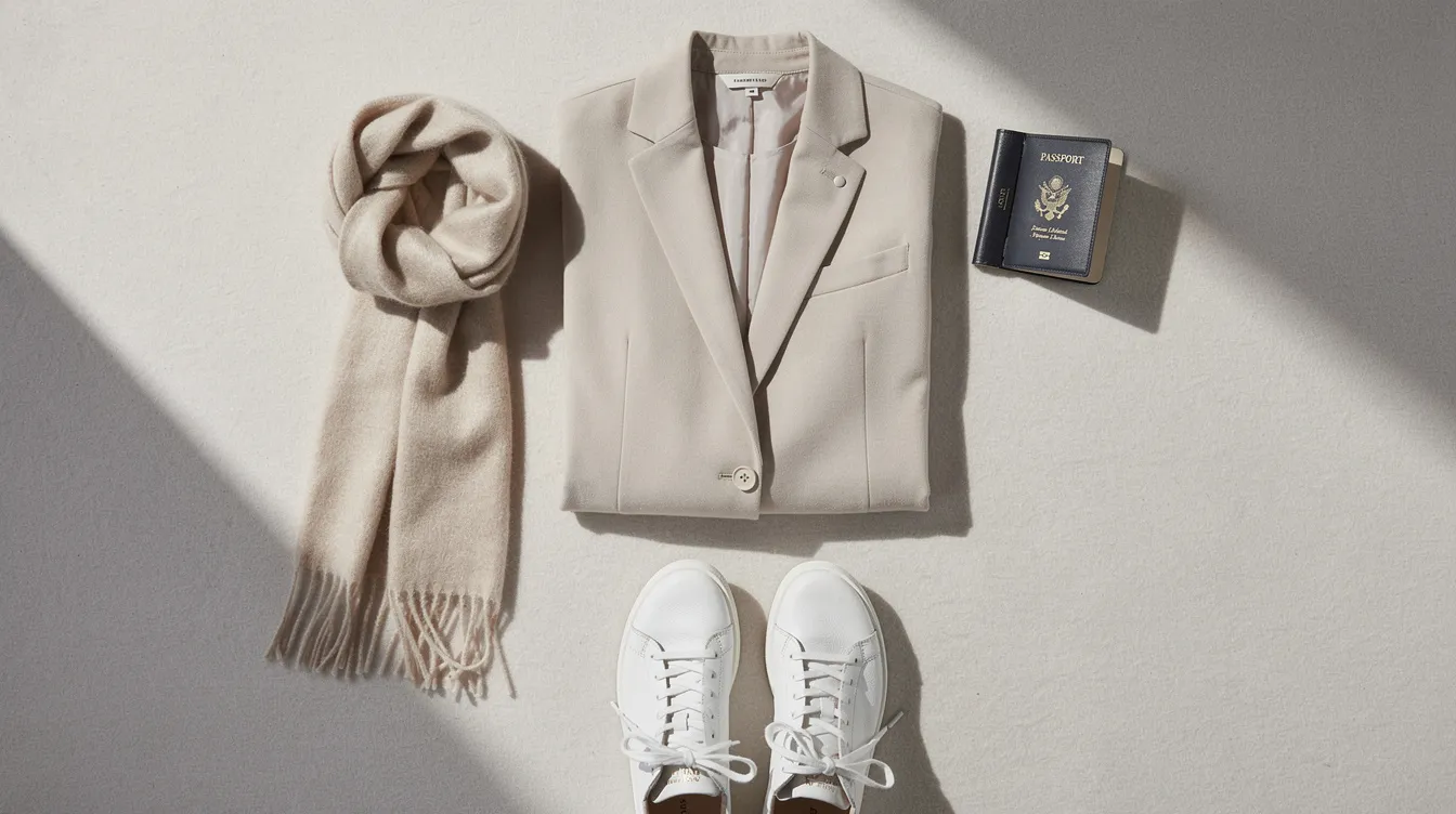 A flat lay arrangement showcases a stylish travel outfit featuring a blazer, a soft cashmere scarf, trendy leather sneakers, and a passport, all set against a light surface. This image highlights fashionable travel essentials available on the jet clothing website.