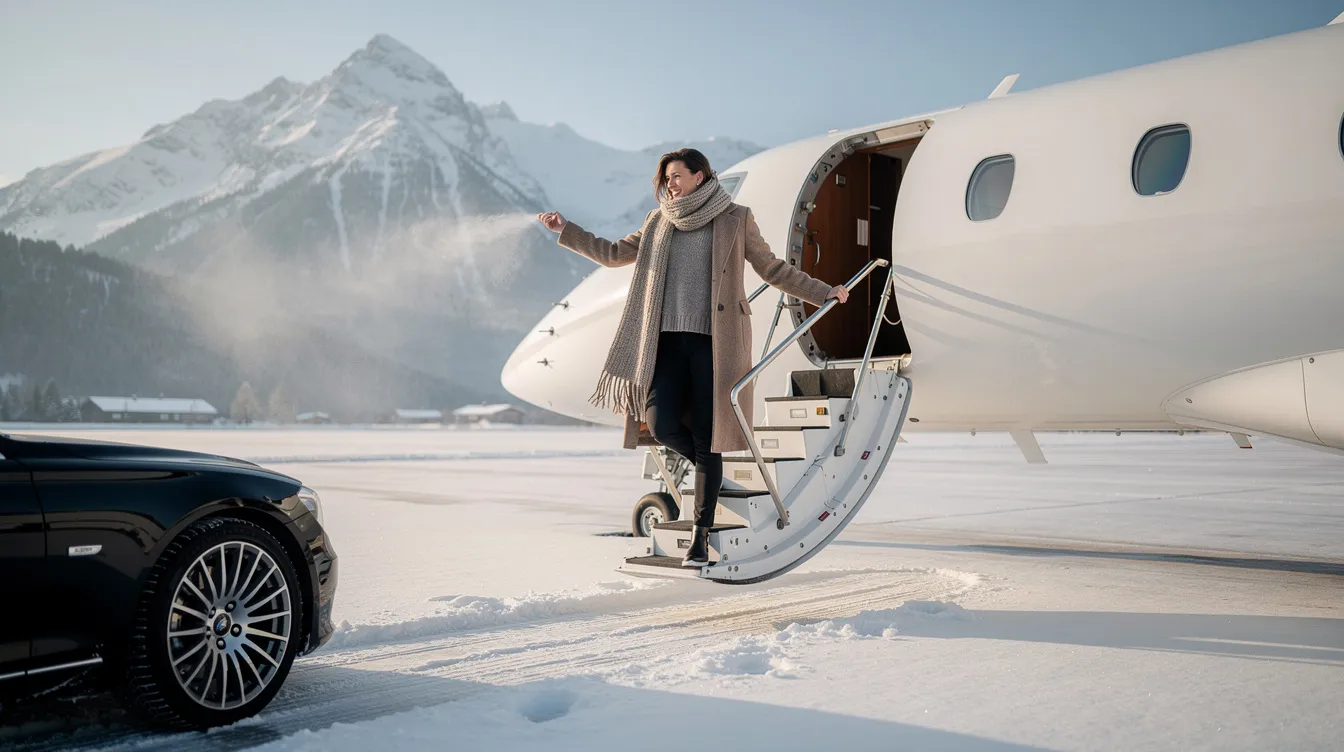A person wearing a warm coat and scarf is stepping onto the stairs of a private jet, with a stunning snowy mountain backdrop enhancing the scene. This image captures the luxurious travel experience associated with jet clothing and the allure of private aviation.