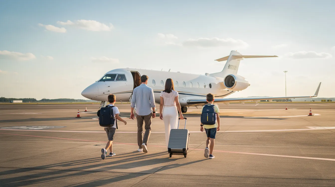 A family of four is walking hand in hand on an airport tarmac, heading towards a midsize private jet under a bright sun. The scene captures their excitement as they approach the sleek aircraft, ready for their journey.