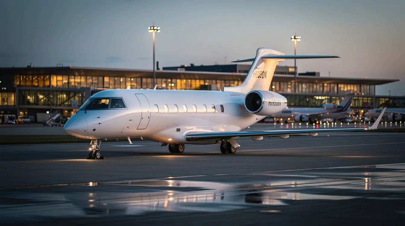 A private jet is parked on the tarmac of Dublin Airport at dusk, with the terminal lights glowing in the background. The scene captures the luxury of private jet charter services, highlighting the elegance of private aircraft against the evening sky.
