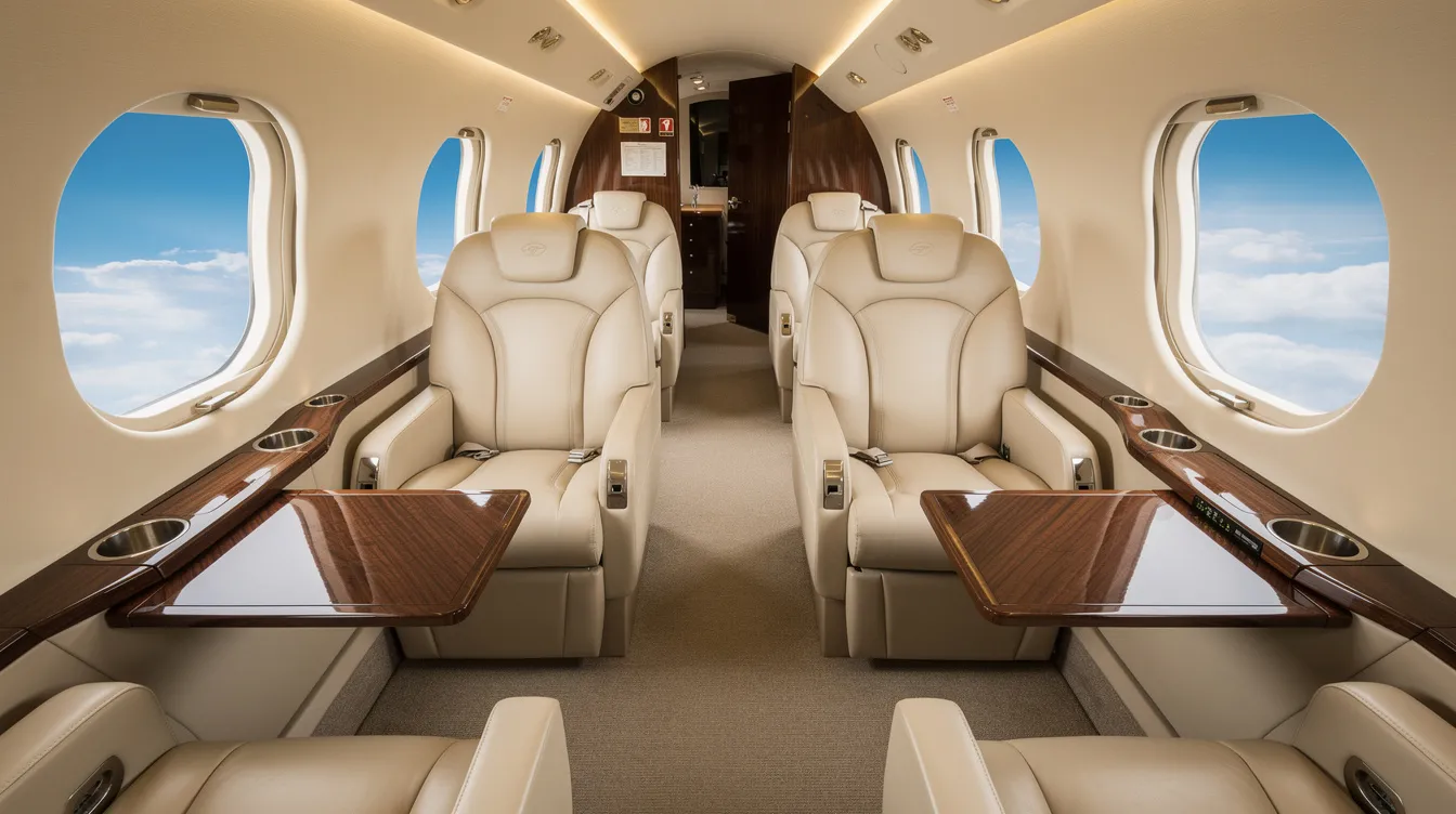 The image depicts the interior of a midsize private jet cabin featuring cream leather seats and elegant wood grain accents, with large oval windows revealing a bright blue sky outside. This luxurious setting is ideal for clients seeking a private jet charter flight from Raleigh Durham International Airport, providing comfort and style during their journey.