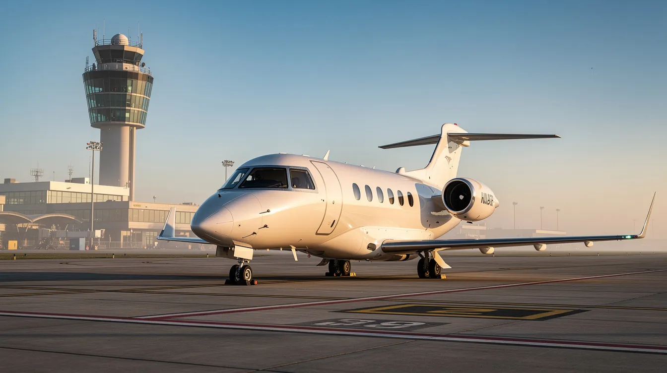 A modern light jet, characterized by its sleek design and single engine, is parked on a sunlit airport tarmac with a clear blue sky above and a control tower visible in the background, showcasing the appeal of private flying. This two seat aircraft exemplifies low operating costs and good fuel economy, making it an attractive option for aircraft owners seeking affordable personal flying experiences.