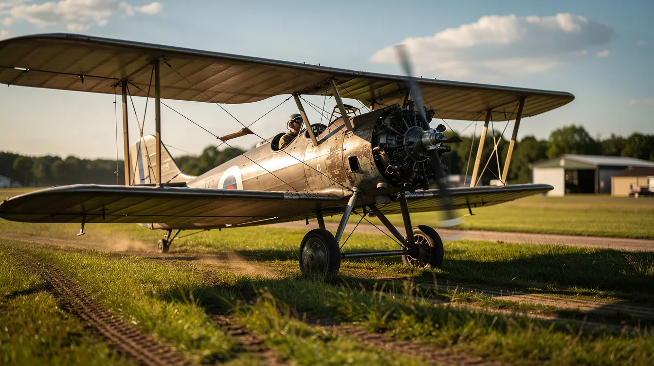 A vintage-style biplane with fabric-covered wings is seen taxiing on a sunny grass airfield, showcasing its classic design and charming aesthetics. This aircraft represents an affordable option for those interested in building their own aircraft, emphasizing the joy of recreational flying and the thrill of flight testing.