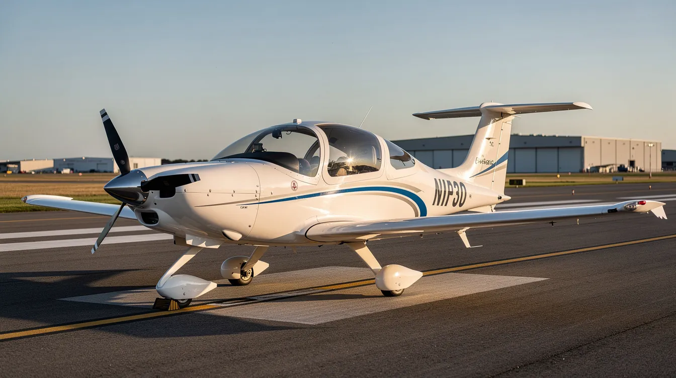 A modern glass-cockpit Diamond DA40, known for its forgiving flight characteristics, is positioned on a paved runway under a clear blue sky, making it an excellent choice for novice pilots and flight training. This versatile single-engine aircraft features advanced avionics, ideal for primary and instrument training, as well as an enjoyable aviation journey for aspiring pilots.