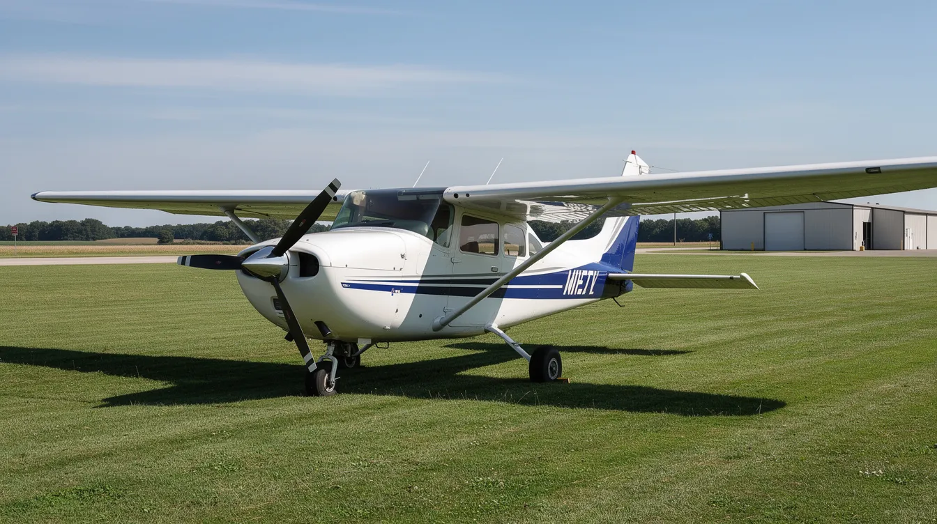 A small white and blue two-seat Cessna trainer is parked on a grass airstrip under a clear sky, showcasing its low wing design and stable handling, ideal for novice pilots and flight training. This versatile aircraft serves as an excellent platform for aspiring pilots to begin their aviation journey.