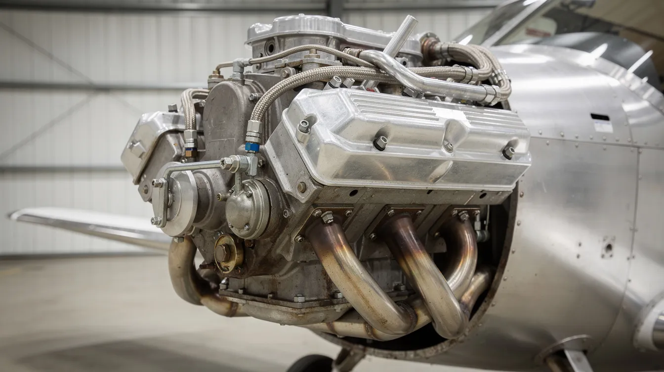 A close-up view of a compact four-cylinder aircraft engine is mounted on a metal firewall, showcasing its exhaust pipes and all-metal design, typical of homebuilt aircraft. This engine is an example of the engine options available for builders creating kits in the light sport aircraft category.