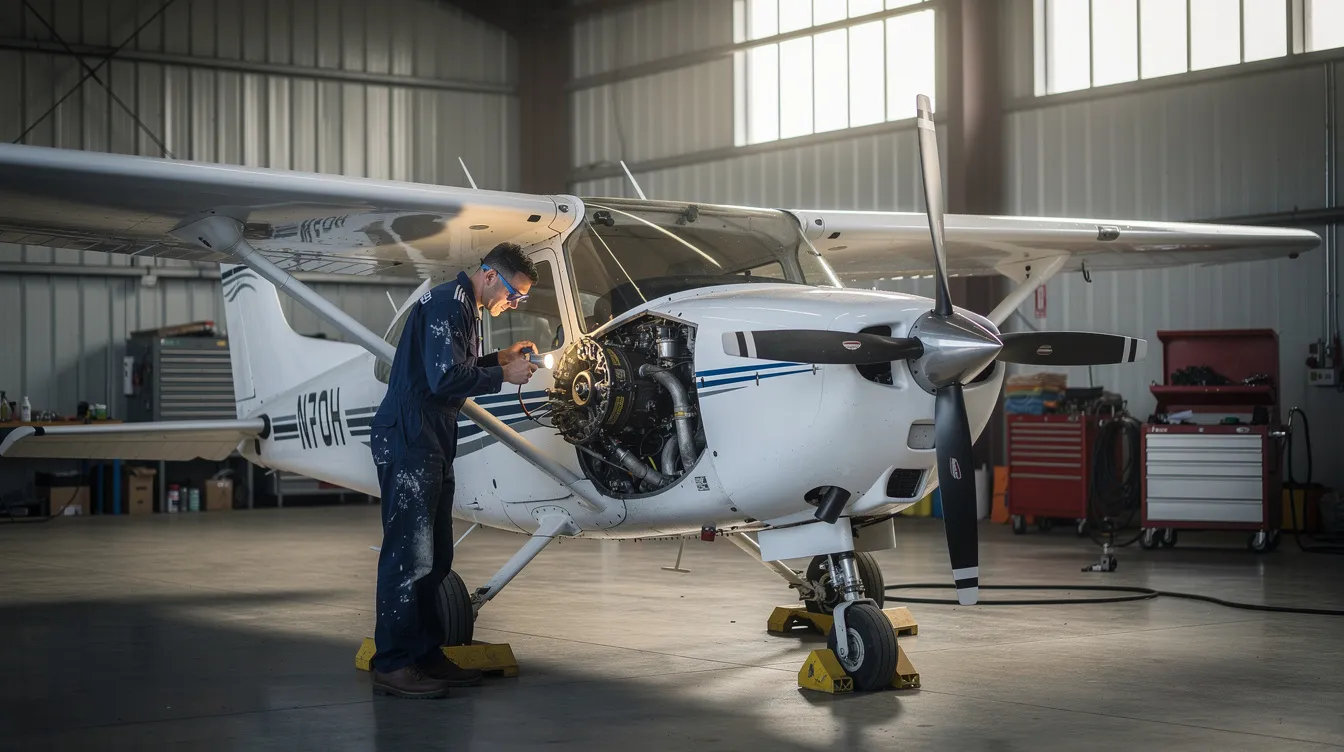 A mechanic is carefully inspecting the engine of a small single-engine aircraft inside a hangar, ensuring that it meets the necessary standards for maintenance and safety. This thorough pre-purchase inspection is crucial for aircraft owners looking to manage ongoing maintenance costs and ensure reliable performance in private aviation.