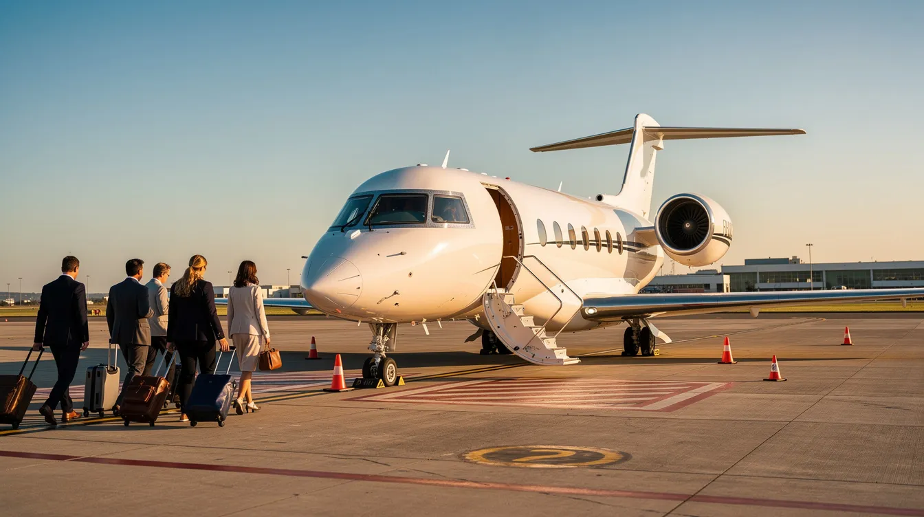 A private jet with its stairs extended sits on the tarmac, as passengers approach under a clear blue sky, showcasing the aircraft's modern design and efficient performance. This scene highlights the world of general aviation, where safety and advanced systems are paramount for a forgiving flight experience.