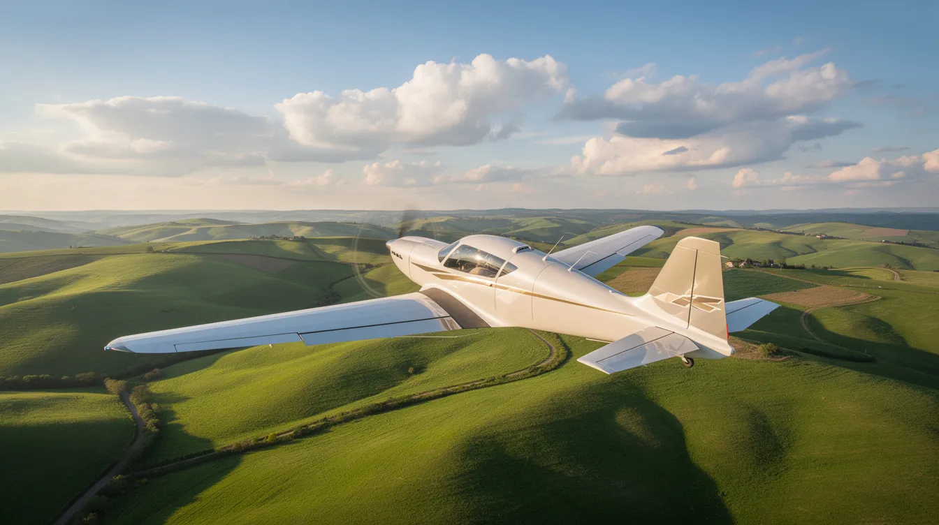 A sleek modern single-engine aircraft soars gracefully above rolling green hills, surrounded by scattered clouds, showcasing its efficient performance and forgiving flight characteristics. This aircraft, known for its strong safety record and advanced avionics, is ideal for training environments and building pilot proficiency.