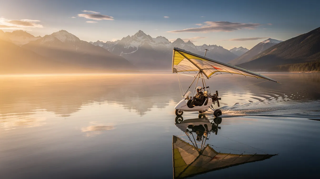 A weight-shift trike ultralight aircraft soars gracefully over a calm lake, with majestic mountains silhouetted against the golden hour sky. This scene captures the essence of ultralight flying, showcasing the freedom and adventure that many aviation enthusiasts seek.