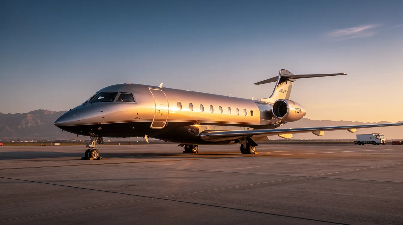 A sleek private jet is parked on a tarmac at sunset, with a vibrant sky and distant mountains in the background, showcasing the elegance of ultralight aviation. The scene captures the essence of freedom and adventure associated with flying, inviting aviation enthusiasts to imagine the journey ahead.