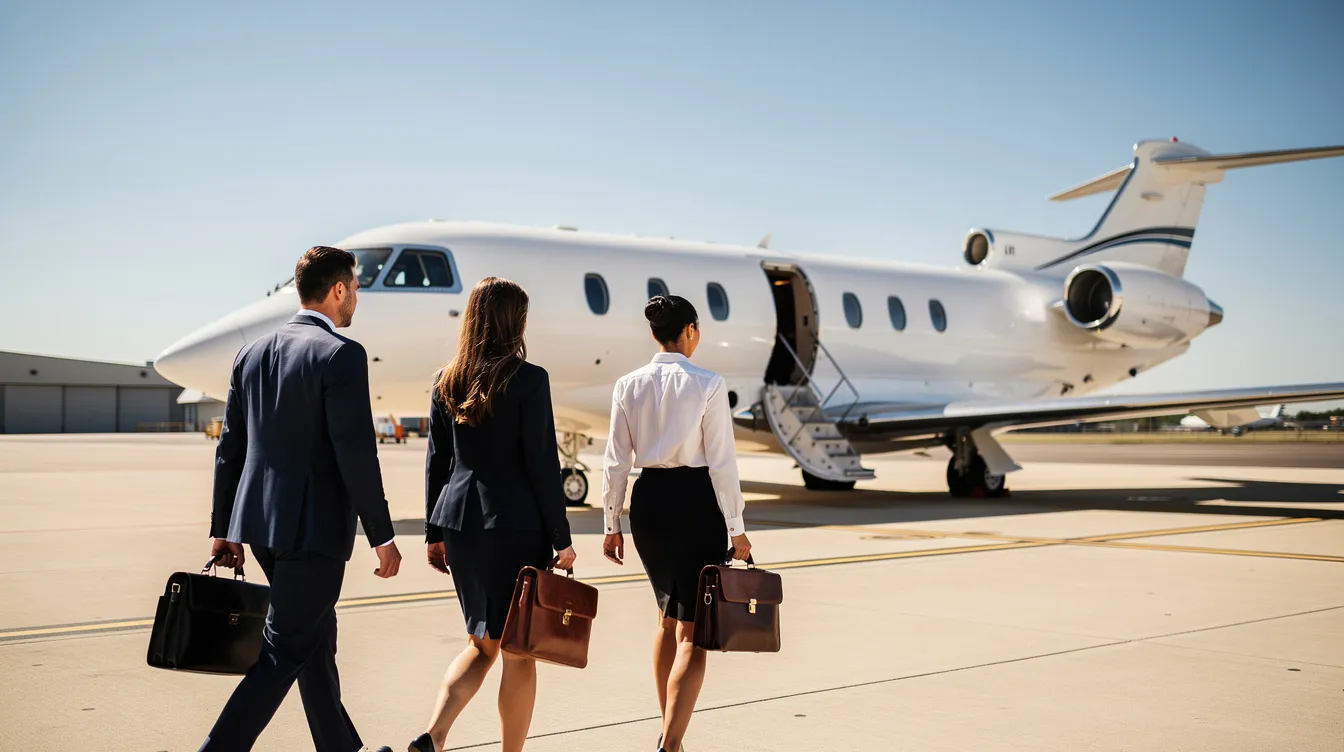 A small group of business professionals is walking towards a private jet on a sunny tarmac, ready to embark on their private flight. This scene highlights the convenience and luxury of private jet travel, perfect for their upcoming trip.