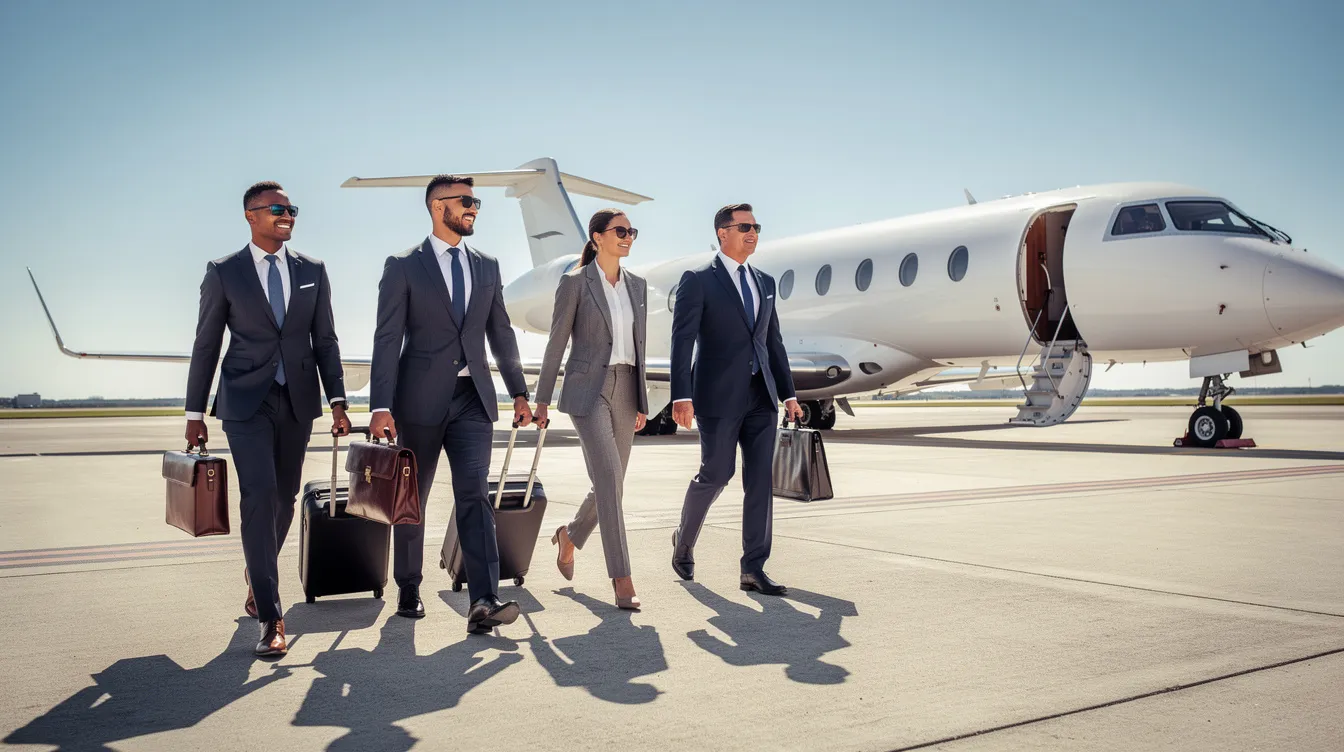 A group of business professionals in tailored suits walks confidently toward a luxury private jet on a sunny tarmac, ready for their private flight to an important business meeting. The scene captures the essence of personalized service and seamless travel, highlighting the advantages of flying privately.