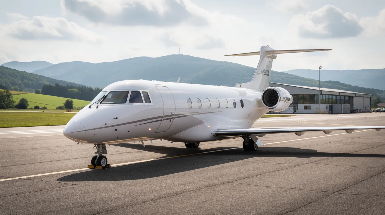 A sleek private jet is parked on the tarmac of a small regional airport, surrounded by lush green hills, showcasing the luxury of private aviation in contrast to commercial airlines. This private aircraft offers a comfortable flight experience, emphasizing the benefits of flying privately over commercial travel.