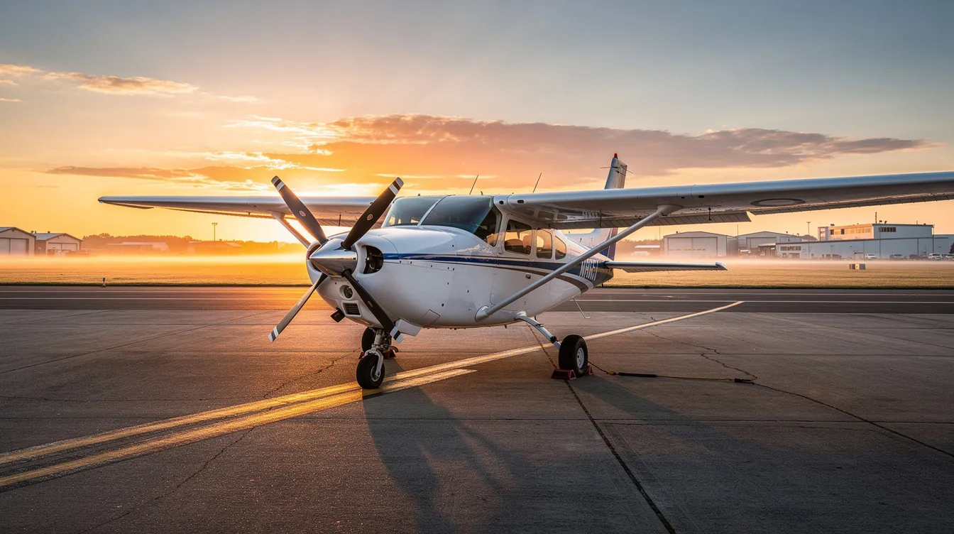 A single-engine Piper PA-46 aircraft, specifically a Malibu Mirage, is parked on the tarmac of a regional airport at sunrise, showcasing its sleek design and retractable landing gear. The soft morning light highlights the aircraft's features, including its spacious cabin and modern exterior.