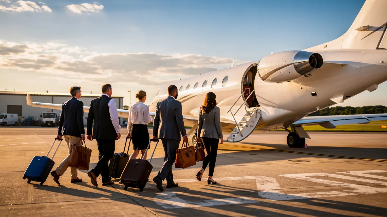 A group of passengers is walking towards a small Piper aircraft, specifically a Piper Malibu Mirage, on a sunny regional airfield. The aircraft, known for its cabin class design and retractable landing gear, is ready for takeoff, showcasing its sleek profile against the clear blue sky.