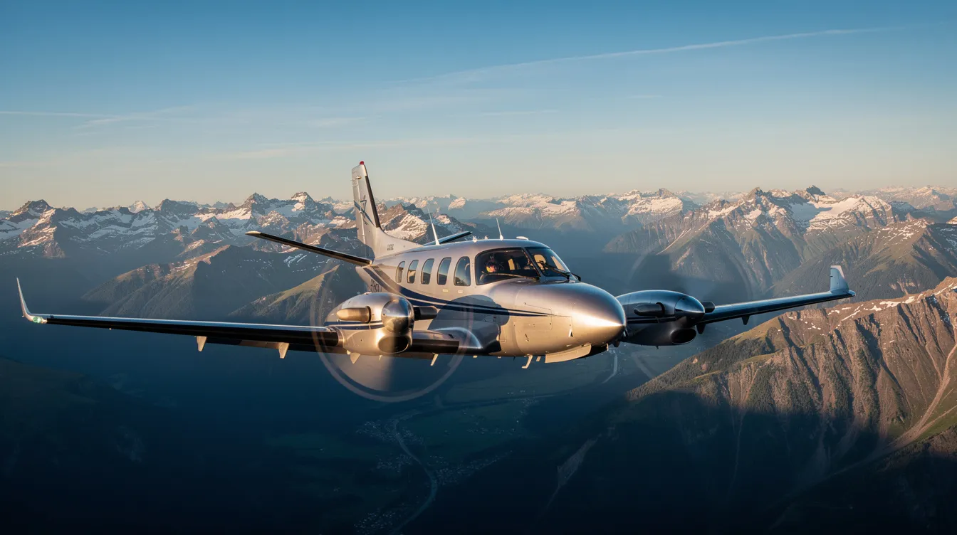 A sleek Piper PA-46 Malibu Mirage, a single-engine turboprop aircraft, is soaring above a stunning mountain range under clear blue skies, showcasing its retractable landing gear and impressive performance capabilities. This cabin-class aircraft is known for its fuel capacity and cruise speed, making it a popular choice among pilots.