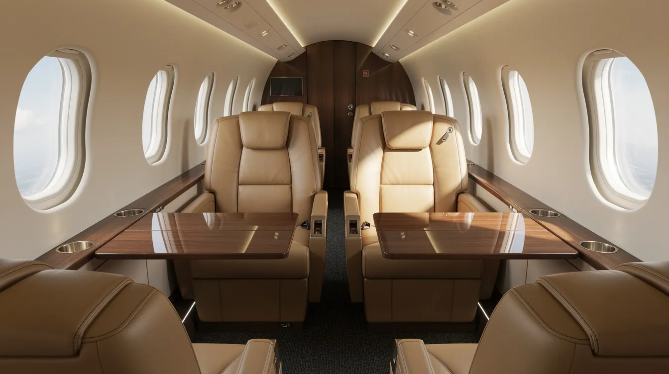 The image depicts the interior of a small business aircraft cabin, showcasing leather executive seats arranged in a club configuration, complemented by fold-out tables for added convenience. This comfortable cabin design is typical of models like the Swearingen Merlin, providing an inviting space for passengers during flight.