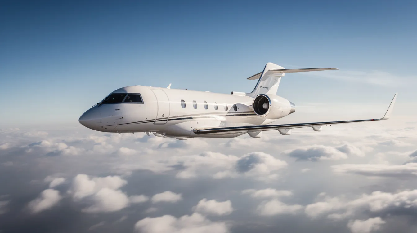 The image features a sleek private jet, specifically a Swearingen Merlin III, showcasing its elegant fuselage and spacious cabin designed for comfort. The aircraft is equipped with twin turboprop engines and has a notable wingspan, making it ideal for high-speed travel and efficient performance.