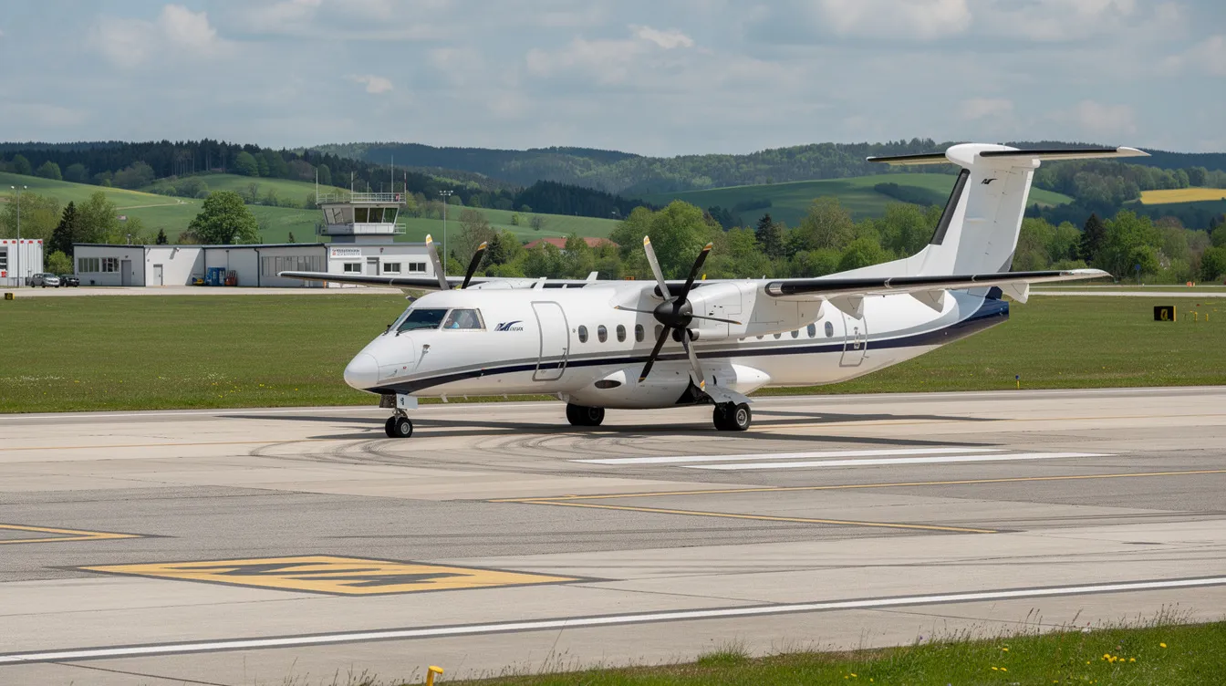 A twin turboprop aircraft, specifically a Swearingen Merlin, is parked on a small regional airport runway, surrounded by lush green landscapes. The aircraft's sleek fuselage and turboprop engines are visible, showcasing its readiness for flight in a serene setting.
