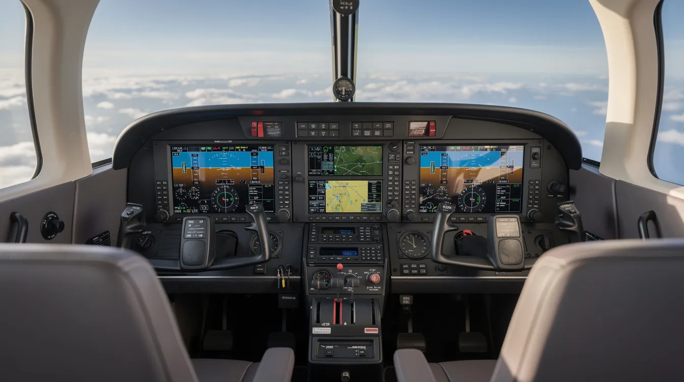 The image depicts a small aircraft cockpit featuring modern glass-panel avionics and GPS displays, designed for a Piper Cherokee model, specifically the PA 32. The cockpit is equipped for reliable performance, providing pilots with essential data for flying, and showcases a spacious cabin suitable for passengers and cargo.