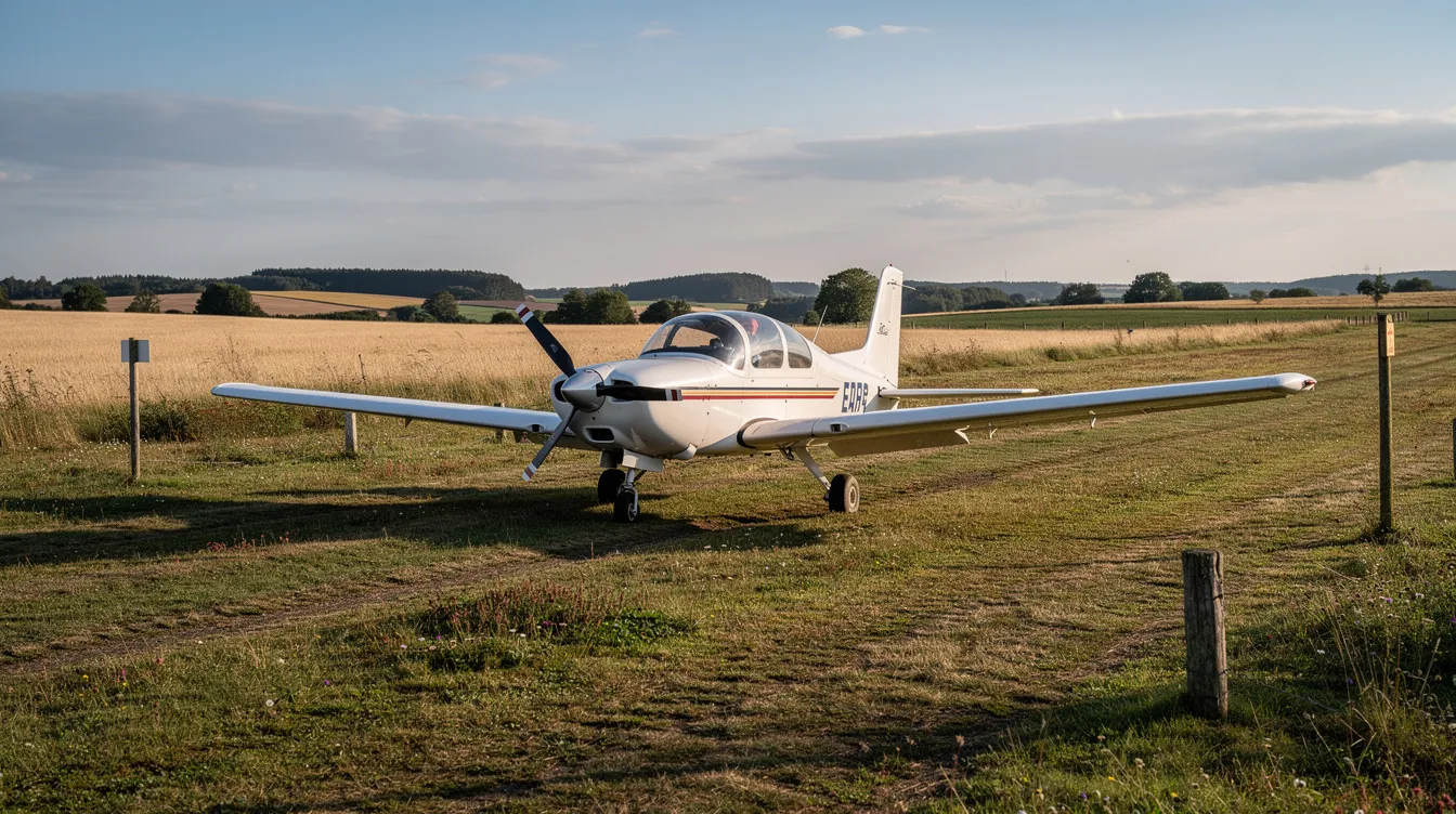 A single-engine Piper Cherokee Six is parked on a rural grass airstrip, surrounded by expansive open countryside. The aircraft, known for its reliable performance and spacious cabin, sits quietly under a clear blue sky, reflecting its versatility for both pilots and passengers.