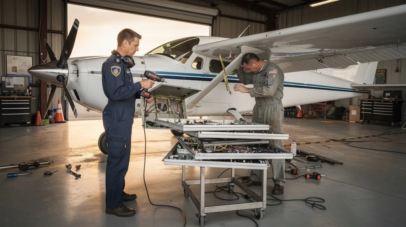A pilot and mechanic are working together inside a hangar, carefully removing access panels from a small airplane wing as part of the annual inspection process. This collaboration is essential for conducting a thorough pre-purchase inspection and ensuring the aircraft is well-maintained for safe flying.