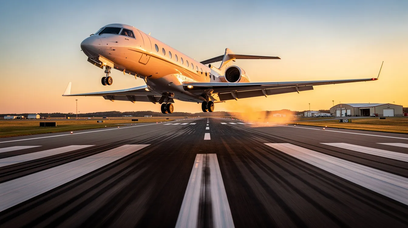 A private jet is taking off from a regional airport runway at sunset, with a vibrant orange and pink sky in the background. The scene captures the essence of general aviation, highlighting the excitement of flying while emphasizing the importance of thorough pre-purchase inspections and annual maintenance costs for aircraft owners.
