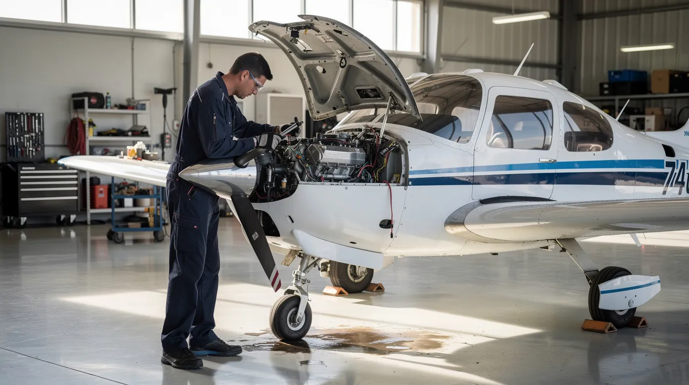 A mechanic is conducting a thorough inspection of the engine compartment of a small single-engine airplane, specifically a Piper Cherokee 140, inside a well-lit hangar. This annual inspection is crucial for aircraft maintenance, ensuring that all components are functioning properly and addressing any deferred maintenance items.