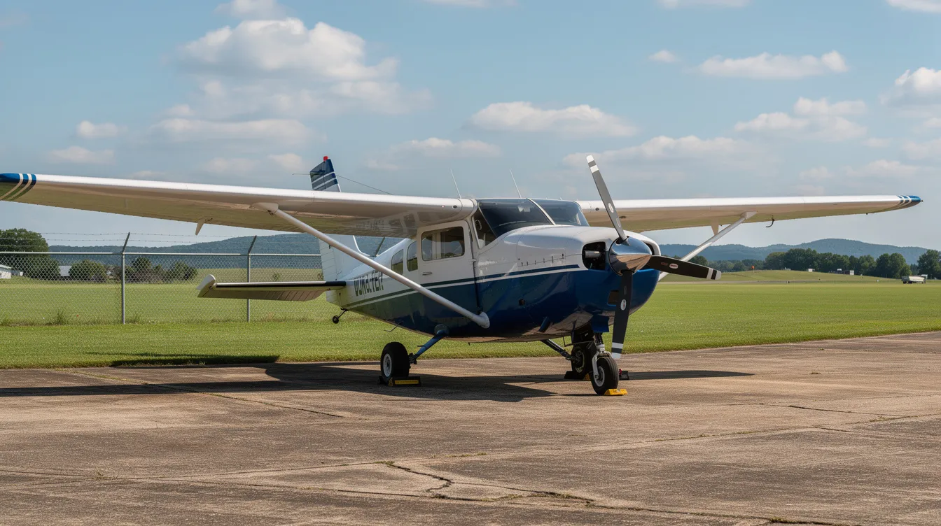 A Piper Cherokee single-engine airplane is parked on a small rural airport tarmac, surrounded by lush green grass in the background. This general aviation aircraft, often associated with ownership costs such as maintenance, inspections, and annual inspections, is ready for its next flight.