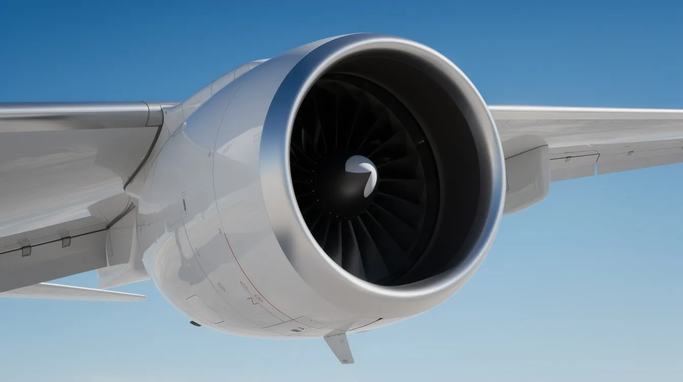 A close-up view of a sleek jet engine nacelle mounted beneath an aircraft wing, set against a clear blue sky, illustrates the advanced fuel-efficient engines designed for commercial aircraft like the Boeing 737 Max, showcasing its aerodynamic improvements and emphasis on fuel efficiency.
