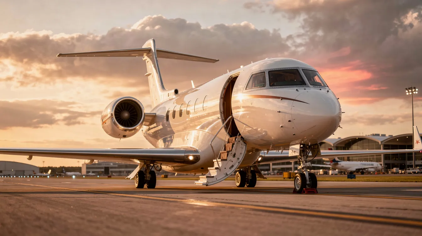 The image features a sleek private jet, showcasing its modern fuselage and spacious cabin designed for passenger comfort. With mood lighting and wider seats, this aircraft exemplifies luxury travel, catering to those seeking a more personalized flight experience.