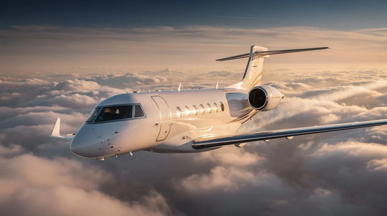 The image features a sleek private jet, showcasing its modern fuselage and spacious cabin designed for passenger comfort. With mood lighting and wider seats, this aircraft exemplifies luxury travel, catering to those seeking a more personalized flight experience.