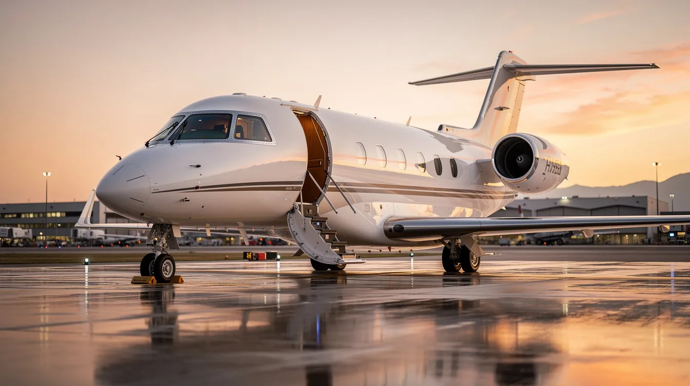 The image depicts a sleek private jet, showcasing its elegant fuselage and spacious cabin designed for comfort. This aircraft, often used for intercontinental routes, features advanced technology in its flight deck and is equipped for efficient operations under various conditions.